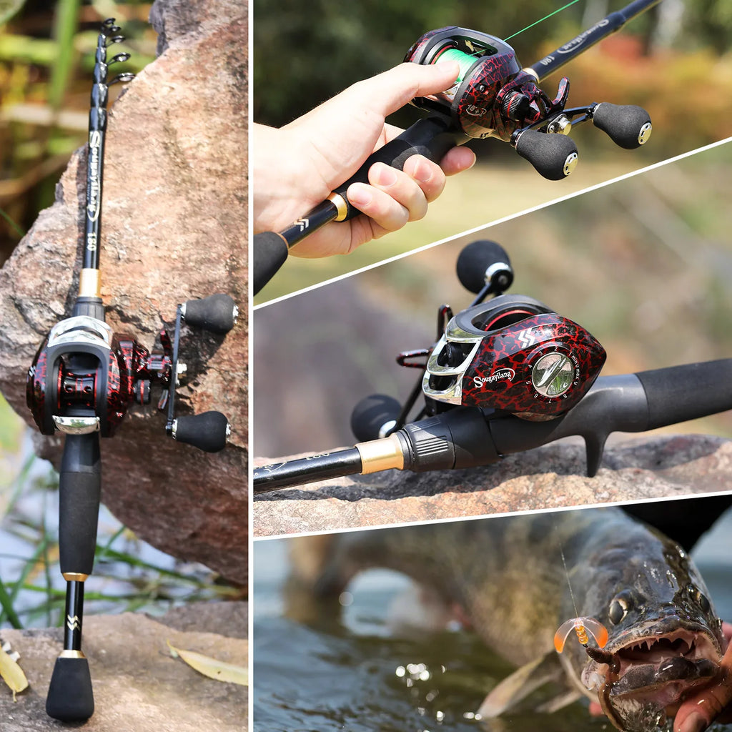 Combo Pêche Sougayilang – Canne Carbone Télescopique 1,8-2,4m + Moulinet Baitcaster 7.2:1 Haute Vitesse