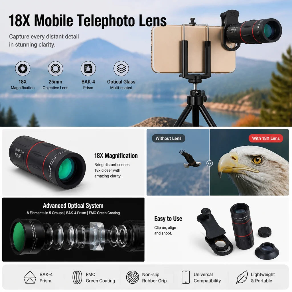 Kit Objectif Téléphoto 18x pour Smartphone – Concert, Outdoor & Telemesure