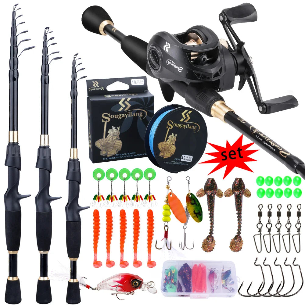 Kit de Pêche Complet Sougayilang – Canne Télescopique 1,8-2,4m + Moulinet Baitcaster 8.1:1 – Ultra-Léger