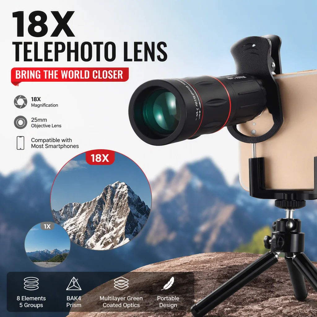 Kit Objectif Téléphoto 18x pour Smartphone – Concert, Outdoor & Telemesure