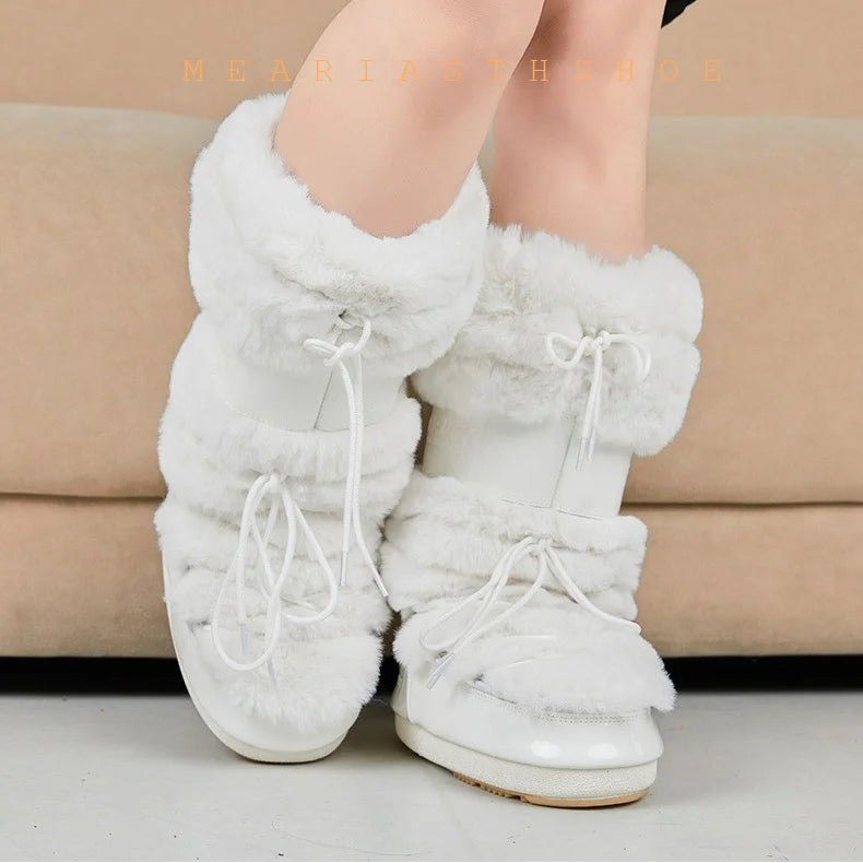 Ski boots new 2026 winter long warm thick bottom white faux fur boots waterproof and anti slip high tube snow boots for women