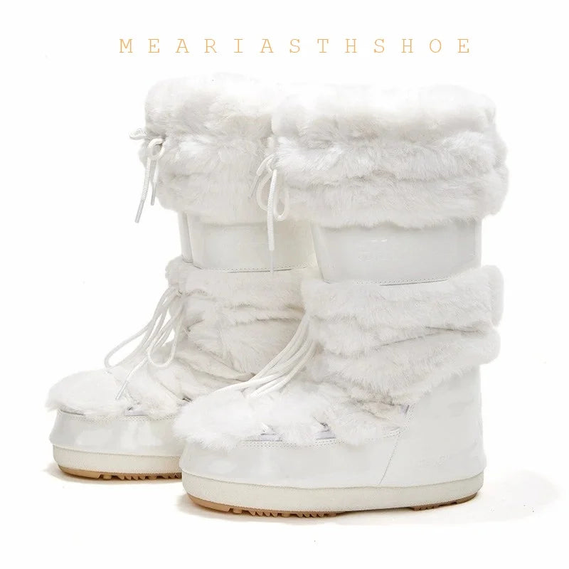 Ski boots new 2026 winter long warm thick bottom white faux fur boots waterproof and anti slip high tube snow boots for women