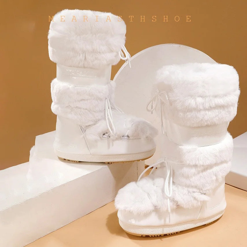 Ski boots new 2026 winter long warm thick bottom white faux fur boots waterproof and anti slip high tube snow boots for women