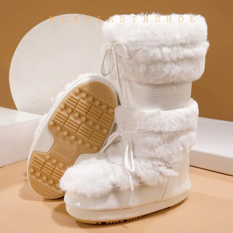 Ski boots new 2026 winter long warm thick bottom white faux fur boots waterproof and anti slip high tube snow boots for women