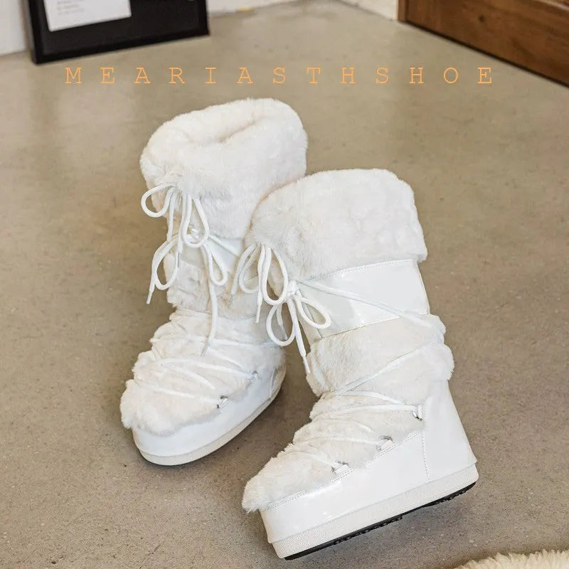 Ski boots new 2026 winter long warm thick bottom white faux fur boots waterproof and anti slip high tube snow boots for women
