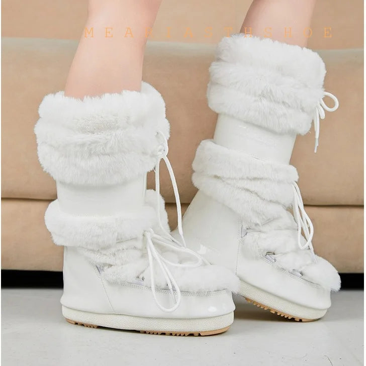 Ski boots new 2026 winter long warm thick bottom white faux fur boots waterproof and anti slip high tube snow boots for women