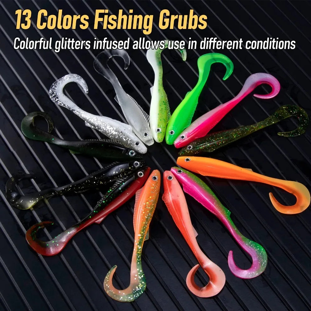 Lot de 5 Leurres Souples Queue Frisée 3D – Yeux Bicolores – 9,4cm 4g – Pêche Mer & Eau Douce
