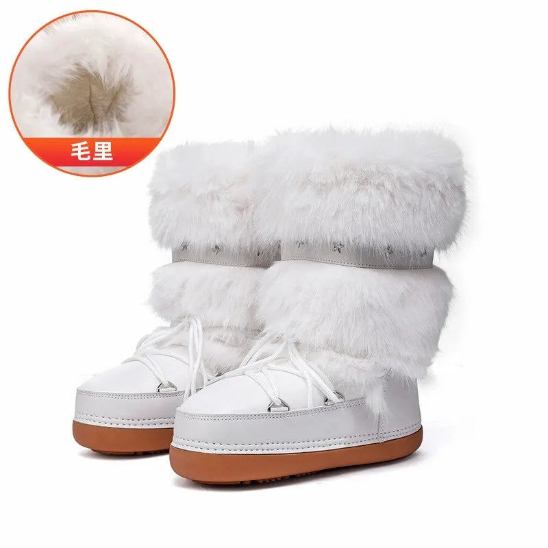 Bottes de Neige Femme Montantes – Fausse Fourrure Blanche – Imperméables Antidérapantes – Tailles 36-43