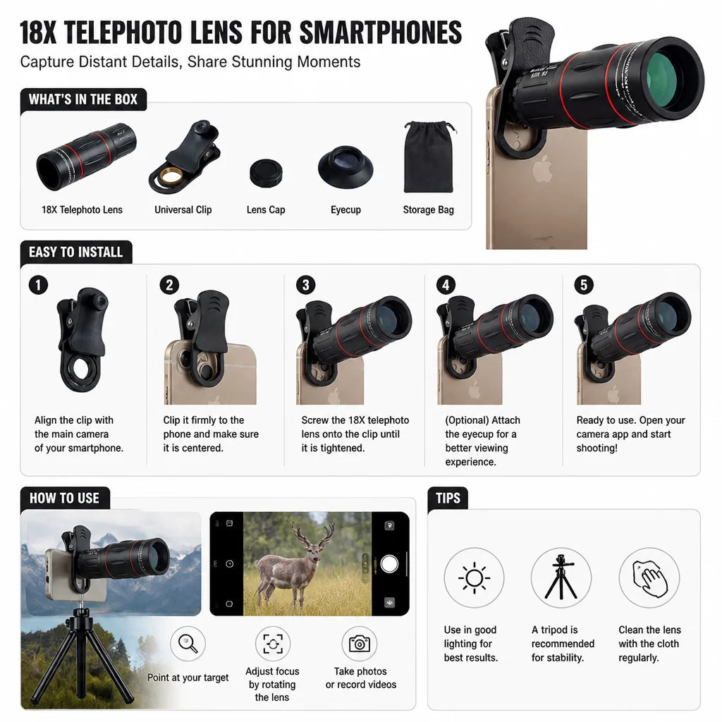 Kit Objectif Téléphoto 18x pour Smartphone – Concert, Outdoor & Telemesure