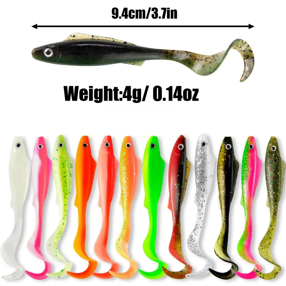 Lot de 5 Leurres Souples Queue Frisée 3D – Yeux Bicolores – 9,4cm 4g – Pêche Mer & Eau Douce