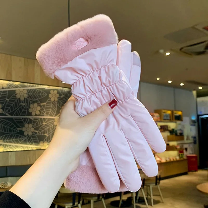 Ski Gloves Women Winter Fleece Thickened Warm Plush Cotton Waterproof Touch-Screen Gloves For Outdoor Riding Mountaineering