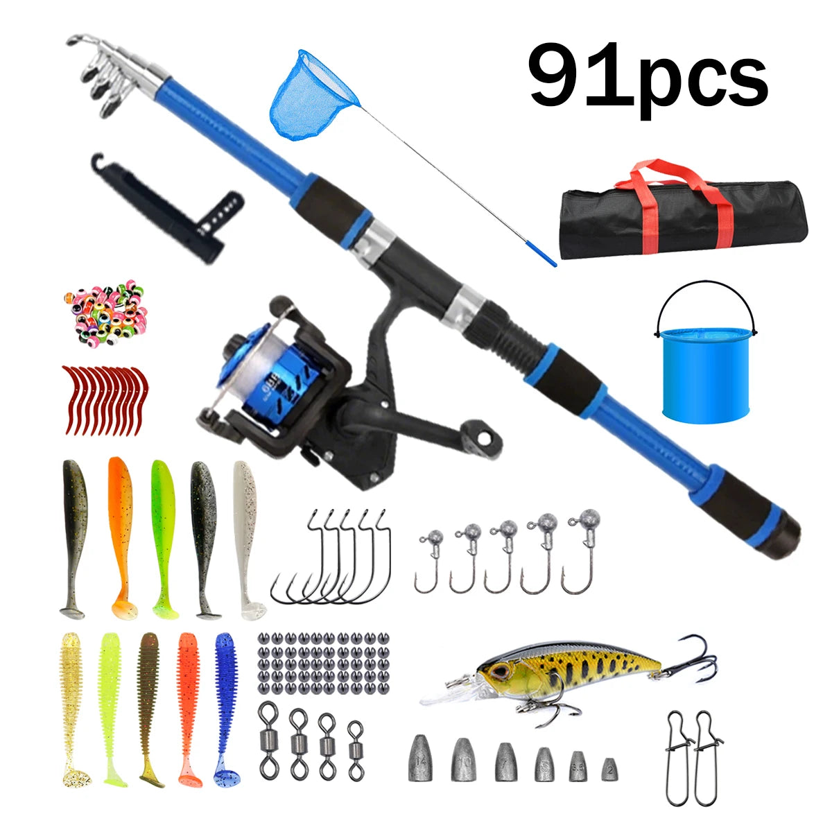 Kit Pêche Débutant Enfant – Canne Télescopique 1,8m + Moulinet + Accessoires (86/91 Pièces)