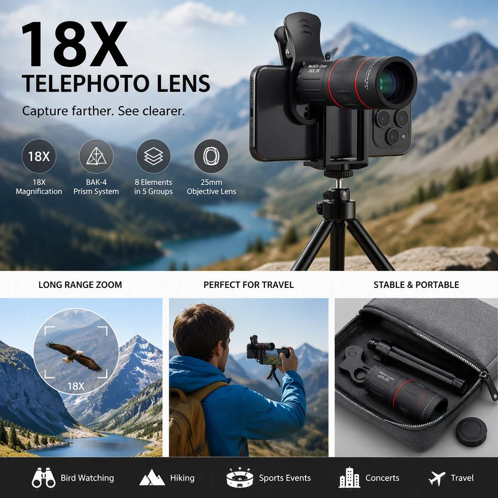 Kit Objectif Téléphoto 18x pour Smartphone – Concert, Outdoor & Telemesure