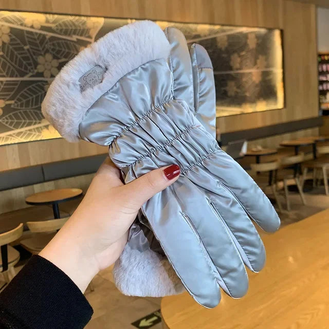 Ski Gloves Women Winter Fleece Thickened Warm Plush Cotton Waterproof Touch-Screen Gloves For Outdoor Riding Mountaineering