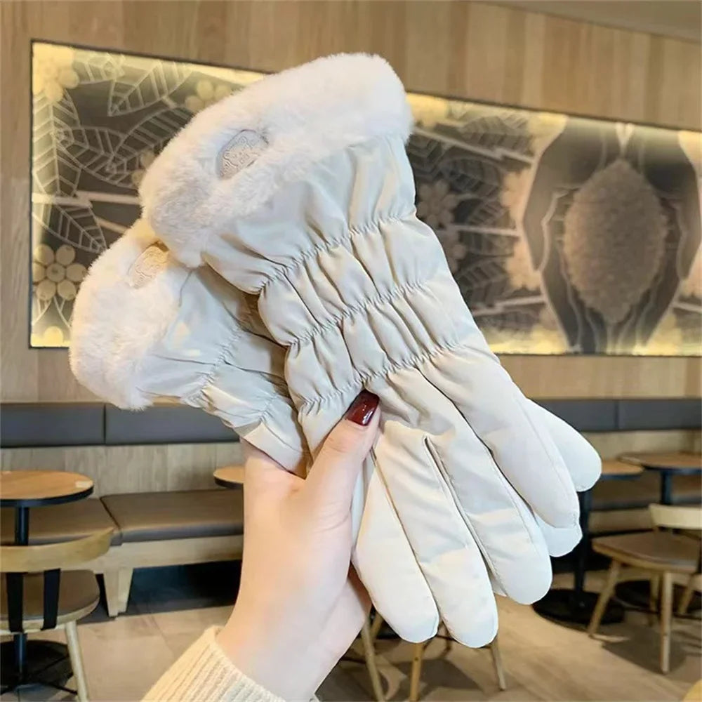 Ski Gloves Women Winter Fleece Thickened Warm Plush Cotton Waterproof Touch-Screen Gloves For Outdoor Riding Mountaineering