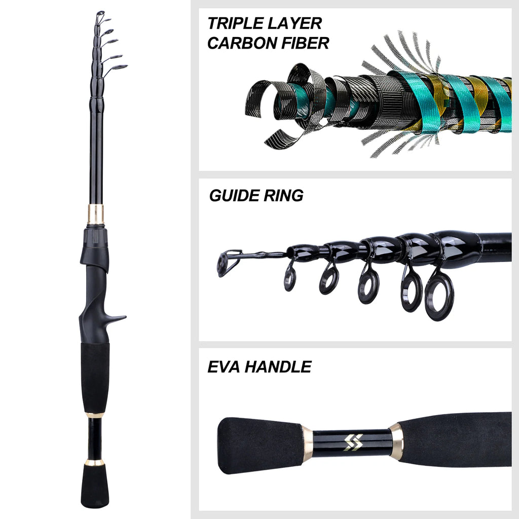 Combo Pêche Sougayilang – Canne Carbone Télescopique 1,8-2,4m + Moulinet Baitcaster 7.2:1 Haute Vitesse