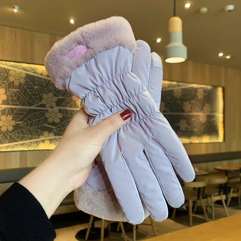 Ski Gloves Women Winter Fleece Thickened Warm Plush Cotton Waterproof Touch-Screen Gloves For Outdoor Riding Mountaineering